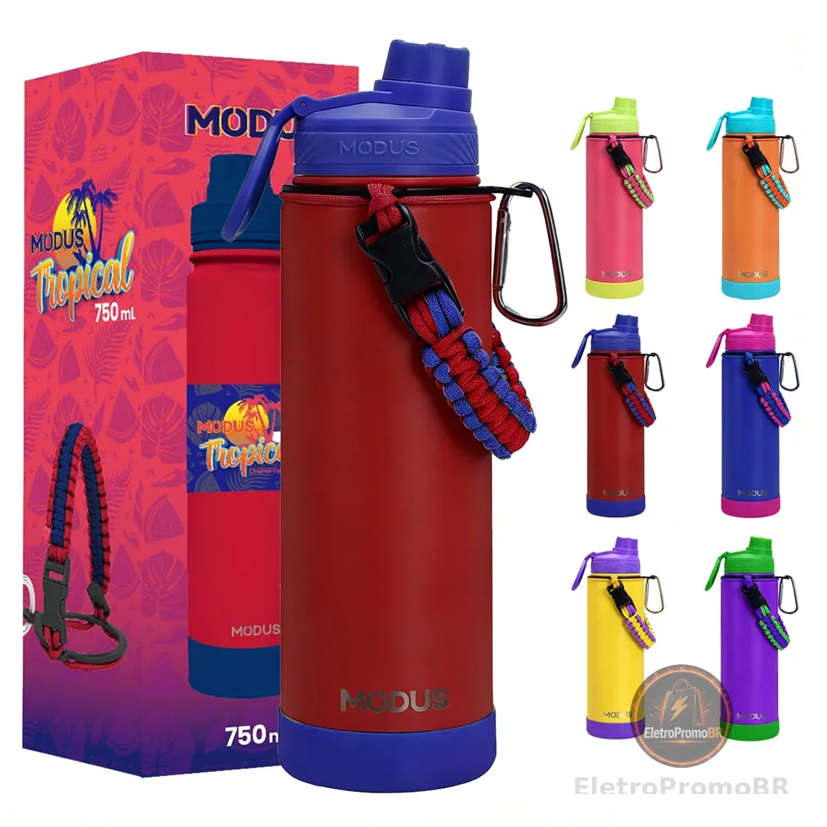 Garrafa Térmica 750ml - Parede Dupla de Isolamento 24horas Gelado, Base Emborrachada Anti Derrapante, Anti Vazamento, BPA Free (Vermelho)