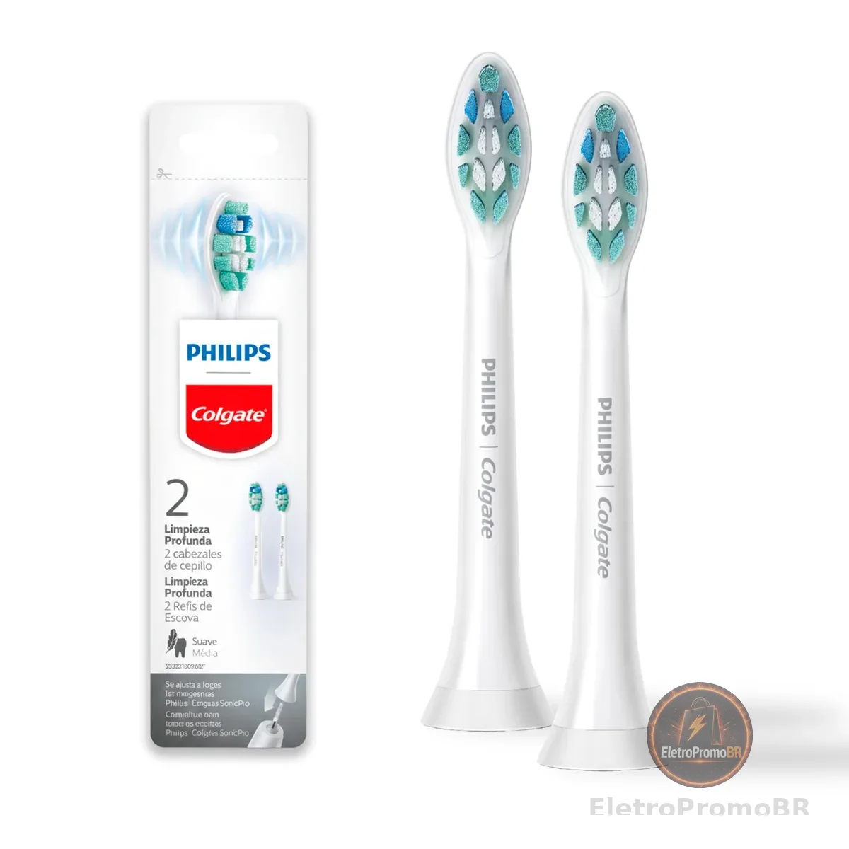 Philips Colgate Refil para Escova de Dente Elétrica Limpeza Profunda, Remove até 7x Mais Placa, Cerdas Macias, Sônica, Escova Elétrica Colgate, 2 Unidades