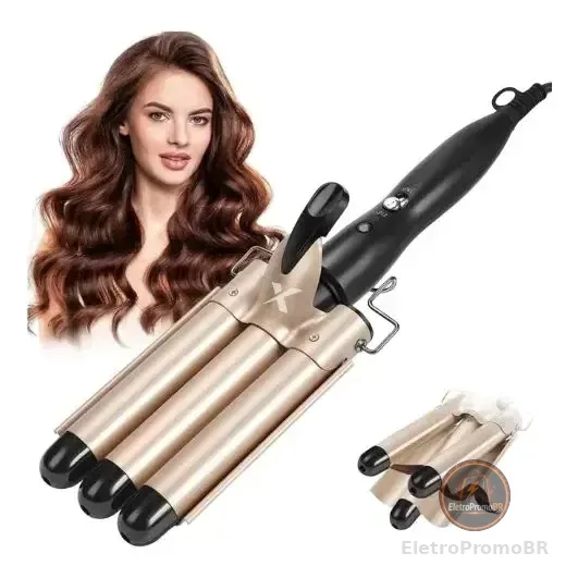 Chapinha Tripla Triondas Modelador Cabelo Cerâmica Tri-onda Ondulador Bivolt Cor Dourada Haixia Dourado 127/220v
