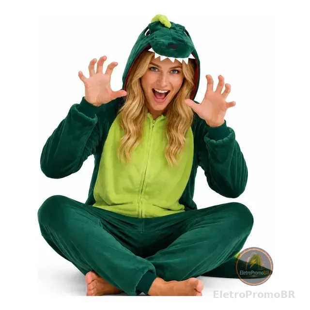 Pijama Macacão Adulto Dino Tipo Mantinha Por Dentro E Fora