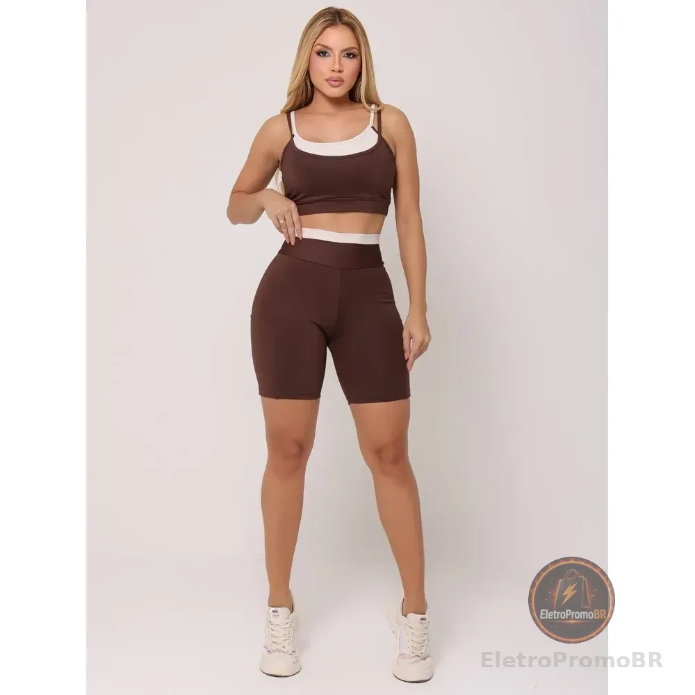 Conjunto Bermuda Com Bolso Feminino Academia Blackout E Top Marrom M