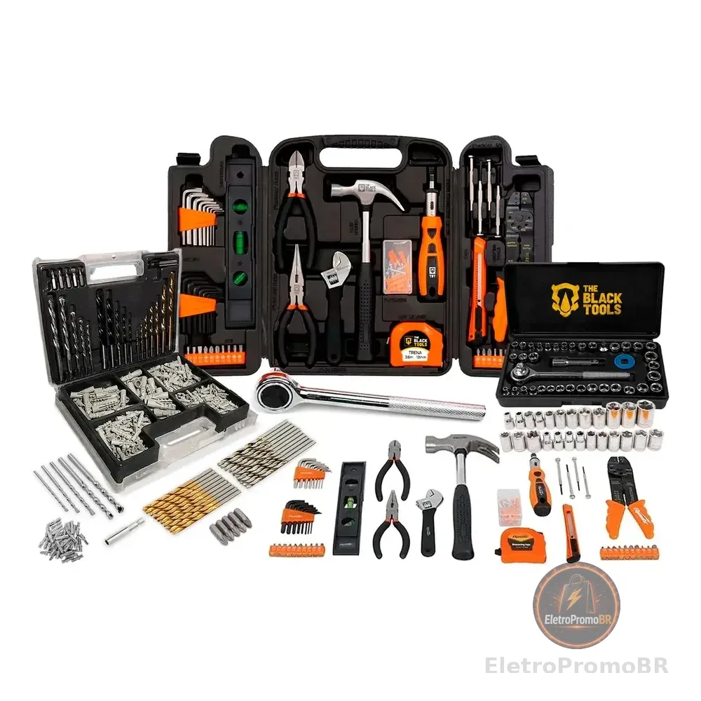 Kit Jogo De Ferramentas 129 Peças Com Jogo De 40 Soquetes Chaves E Kit 300 Peças Brocas E Buchas The Black Tools Preto