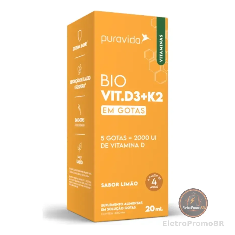 Vitaminas Bio Vit. D3 + K2 Gotas Limão 20ml Puravida