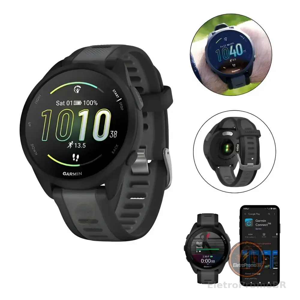 Garmin Forerunner 165 Smartwatch, Tela Amoled 43mm, 5 Atm Preto Silicone