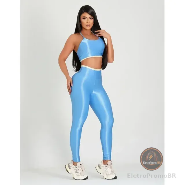 Conjunto Fitness Calça + Top Feminino Canelado Poliamida