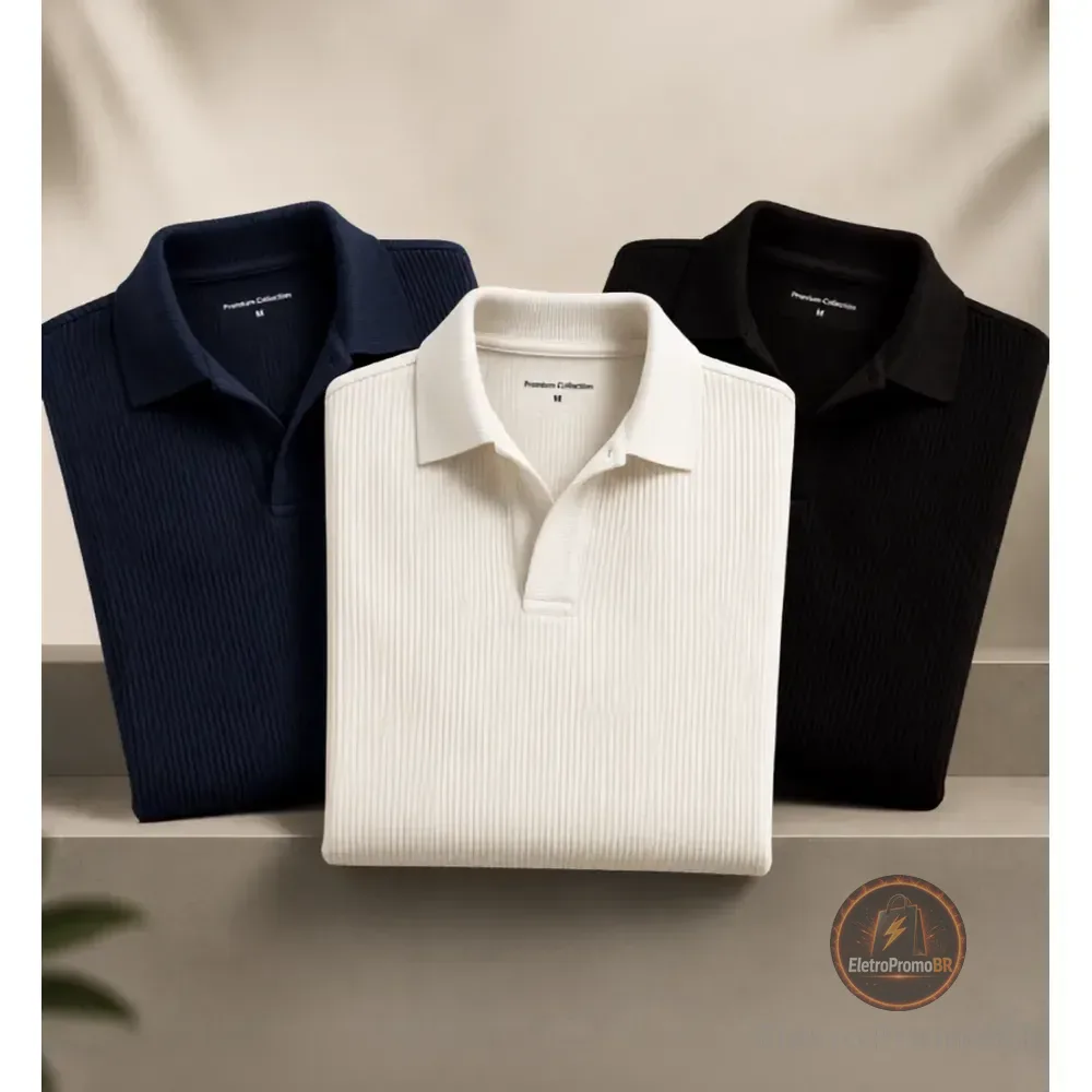 Kit Camisa Polo Masculina Canelada Gola Italiana Sem Botao Kit 3 - Azul Marinho/ Off White / Preto M