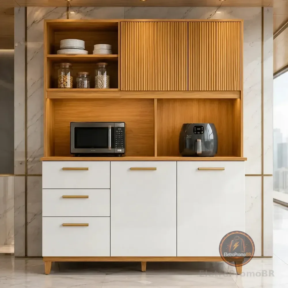 Kit Armário Compacto Kit Cozinha Poliman Com 5 Portas 2 Gavetas Sicília Médio Mdp Pintura Uv Branco Organizador Design Moderno Cor Freijó Off Ripado Frisado