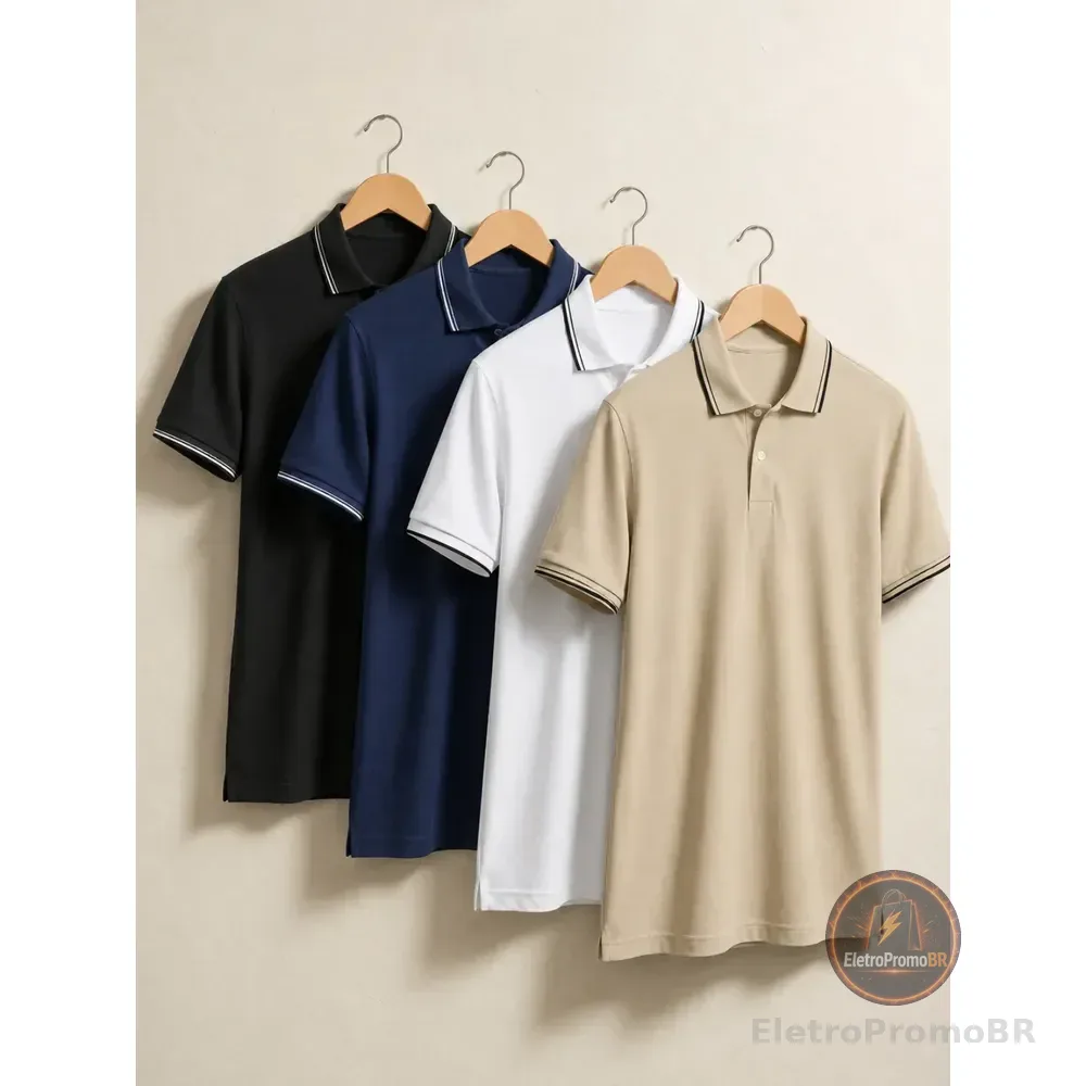 Kit 4 Camisa Gola Polo Piquet Masculina Slim Casual Algodão Preto-branco-marinho-mescla Lisa G