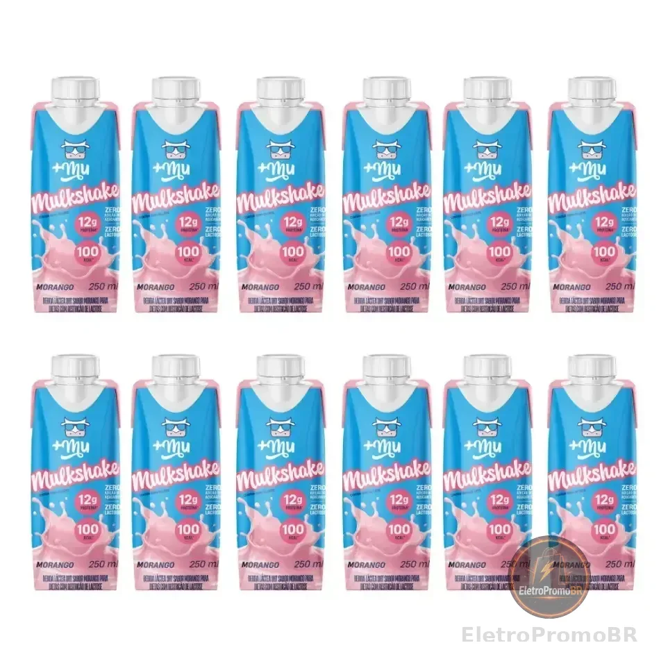 Mulkshake Mais Mu Morango Bebida Proteica 12g Pack 12x250ml Sem Glúten