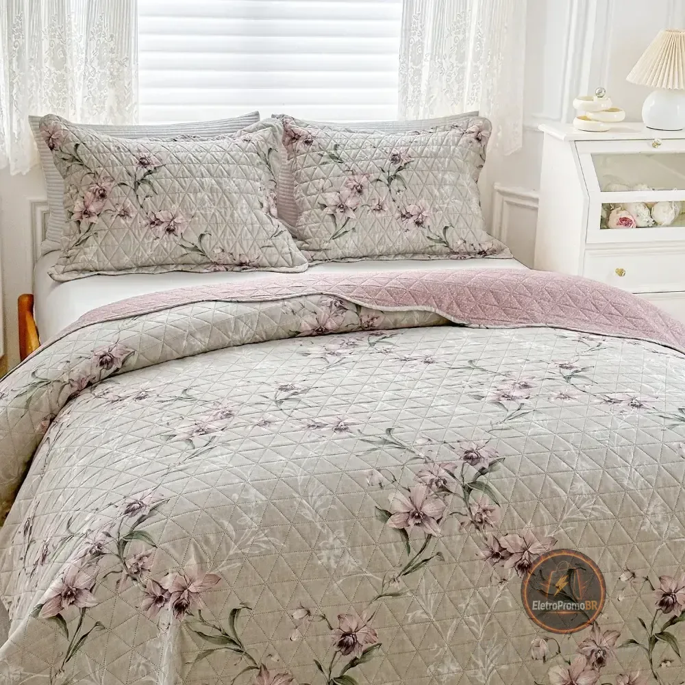 Kit Colcha Casal Bouti Cobre Leito Estampado 3 Pçs Arabesco Floral