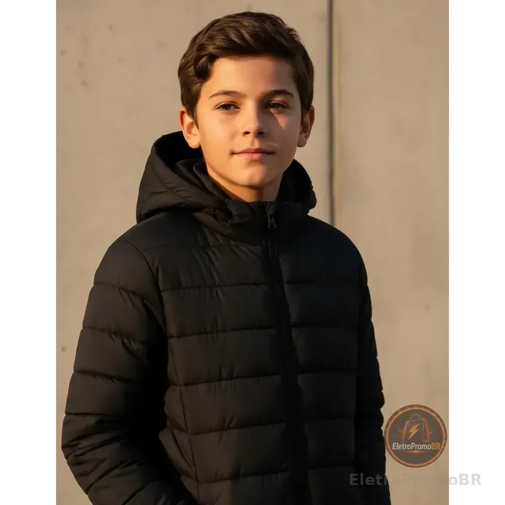 Jaqueta Puffer Infantil Bobojaco Forrado C/ Pelinhos Inverno Preto 16