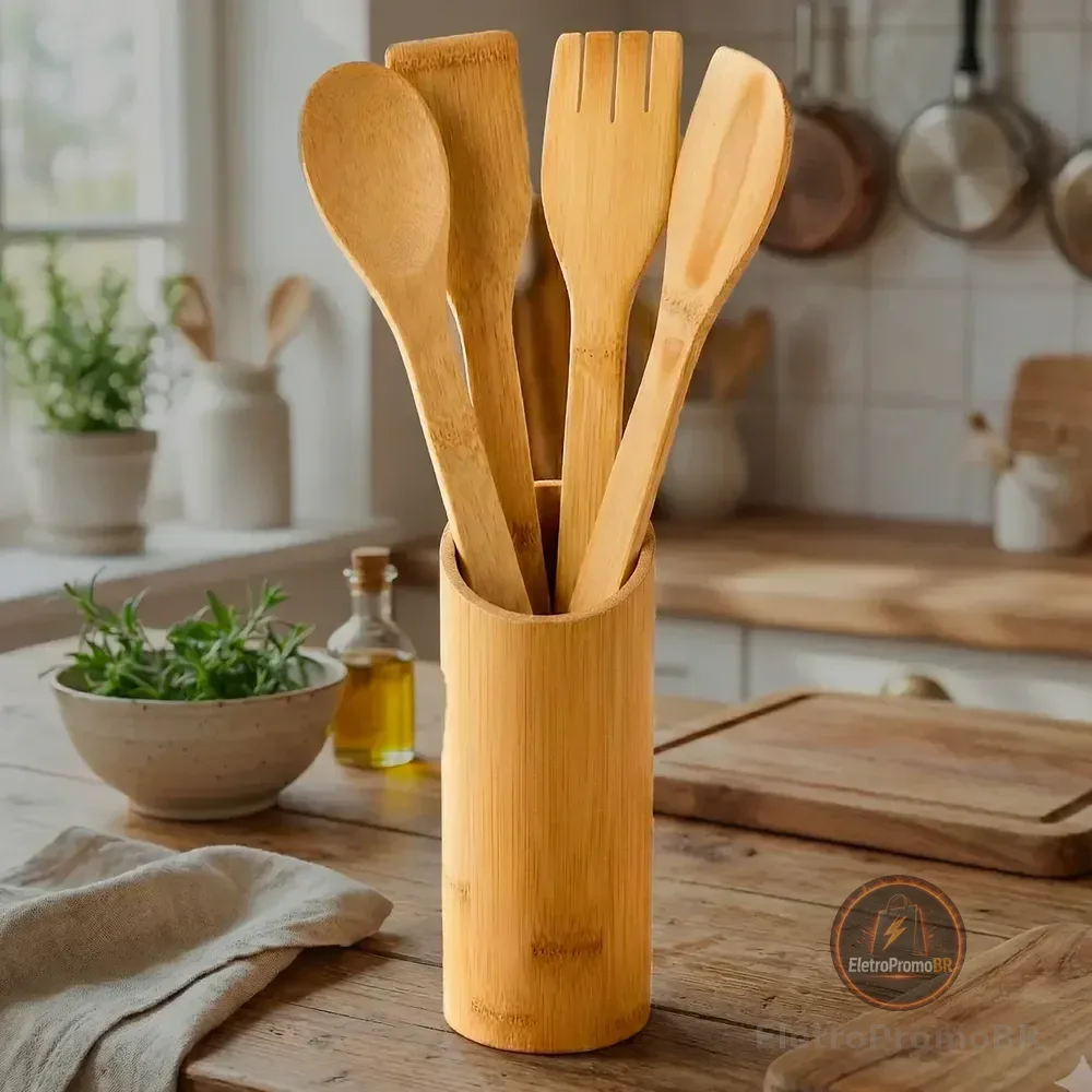 Conjunto Talheres Bambu 5 Peças Pau Colher Garfo Espátulas Bambu