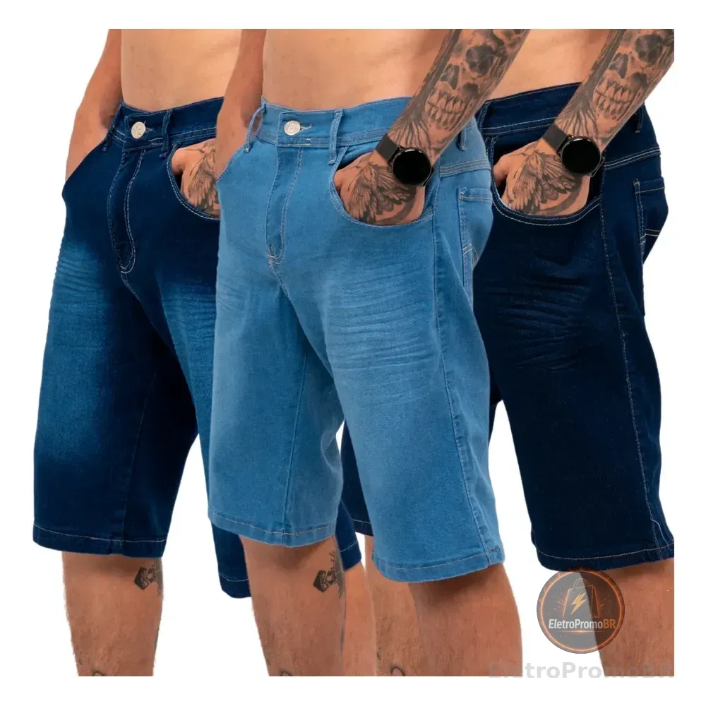Kit 3 Bermudas Jeans Masculina Lycra Elastano Jeans Sortidos Liso 42