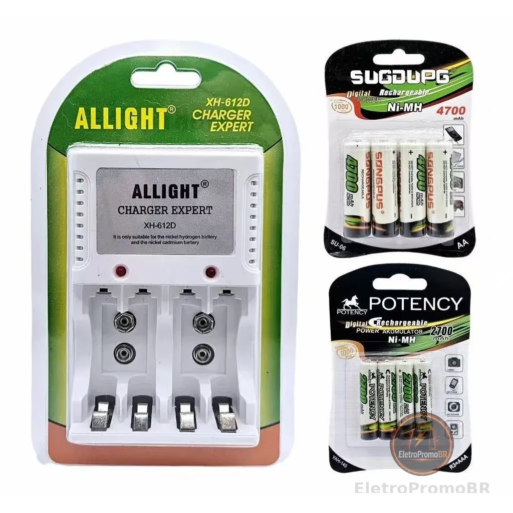 Kit Carregador De Pilhas AA/AAA/Bateria 9v Recarregáveis