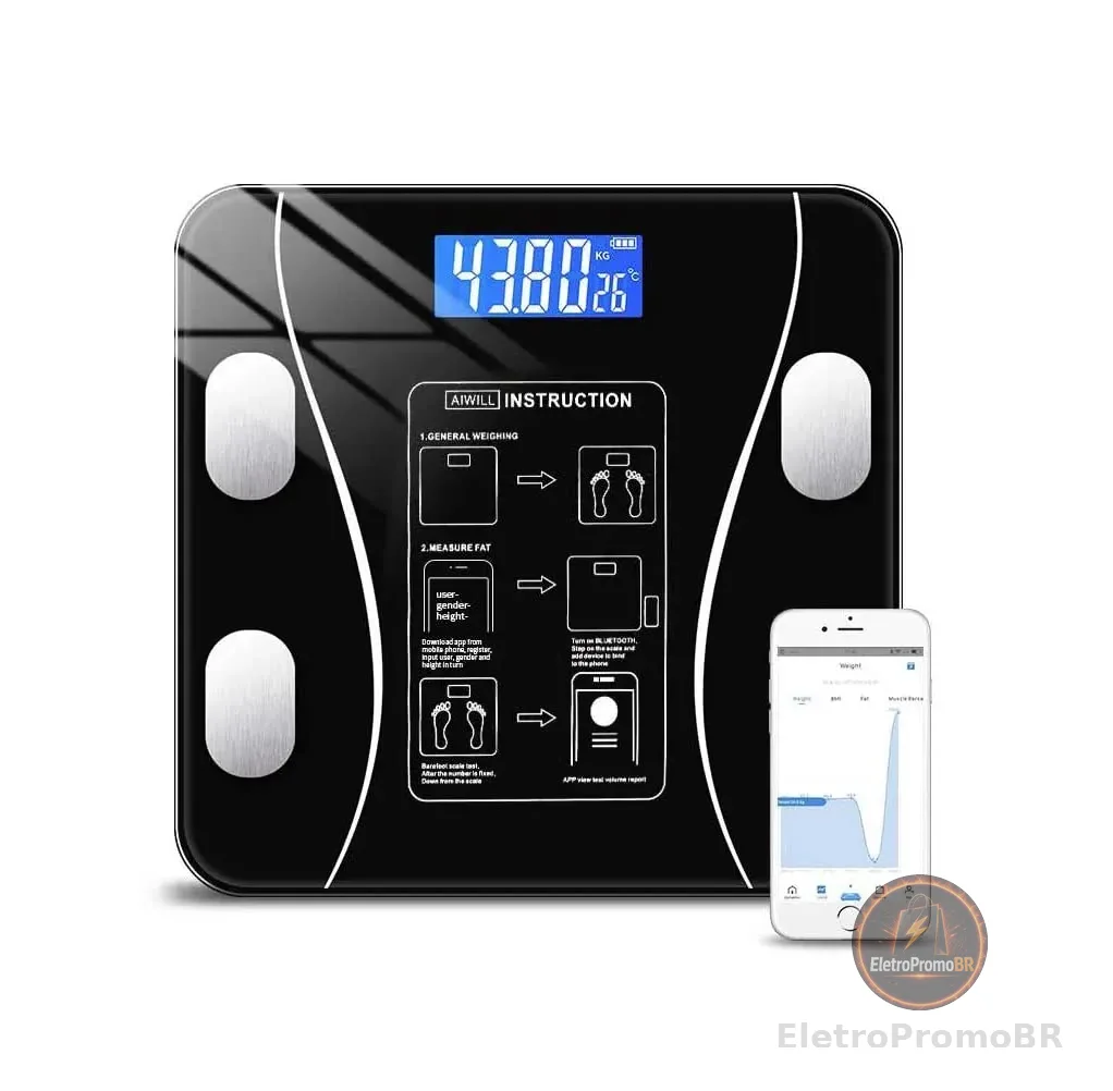 Balança Digital Bioimpedância Corporal Vidro 140kg Bluetooth