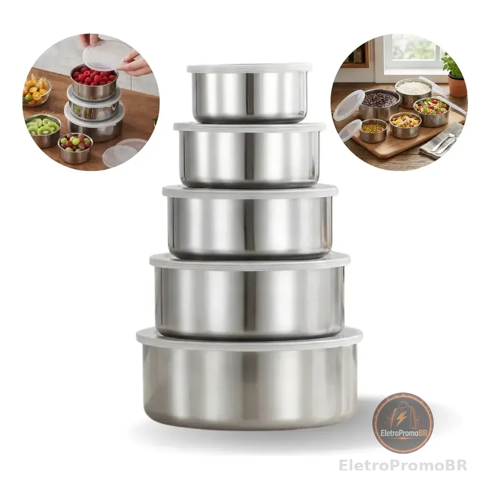 Conjunto De 5 Potes Em Aço Inox C Tampa Hermetico P Alimento Prateado