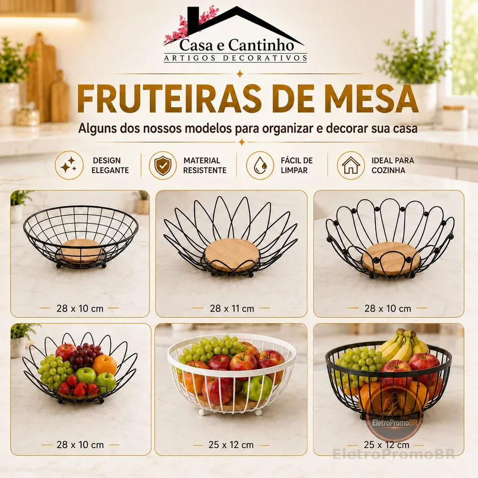 Fruteira de Mesa 2 Andares Ferro e Bambu para Café da Manhã Multiuso de Metal Preto Cesto Organizdor
