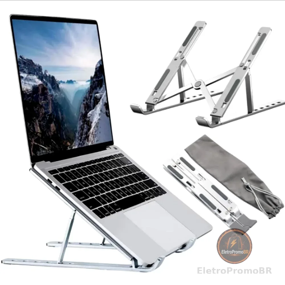 Suporte para Notebook, Tablet e Celular em Alumínio Premium, Dobrável e Ergonômico, Ajustável em 6 Ângulos, Altura Regulável, Universal para Home Office, Escritório, Estudos e Viagens, com Case