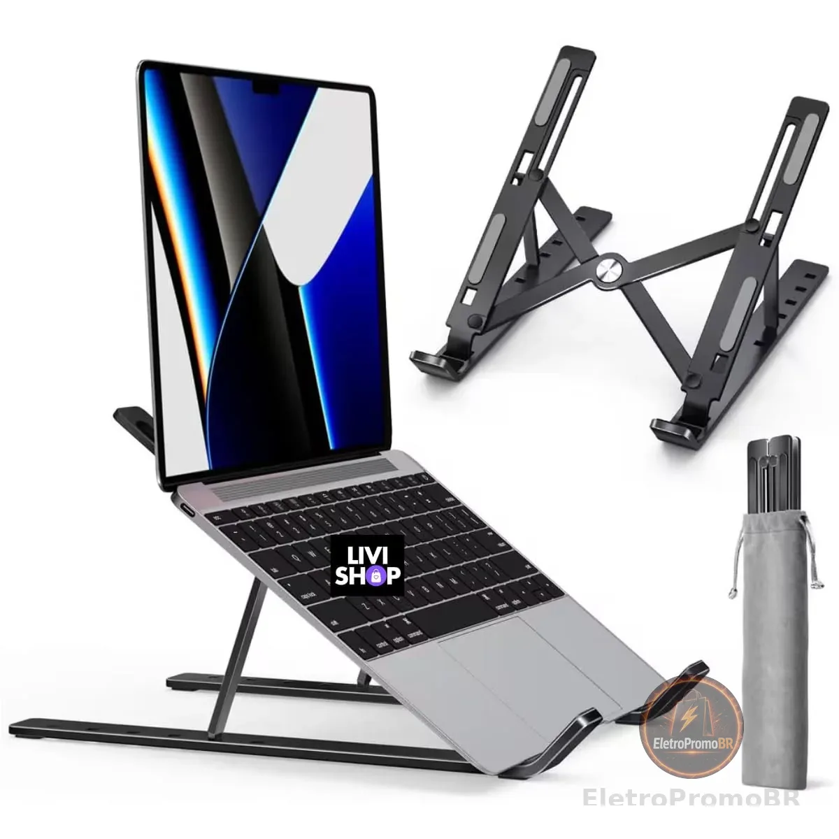 Suporte para Notebook e Tablet em Alumínio Dobrável, Ergonômico, Ajustável em 6 Ângulos, Base Antiderrapante, com Estojo (Prata)
