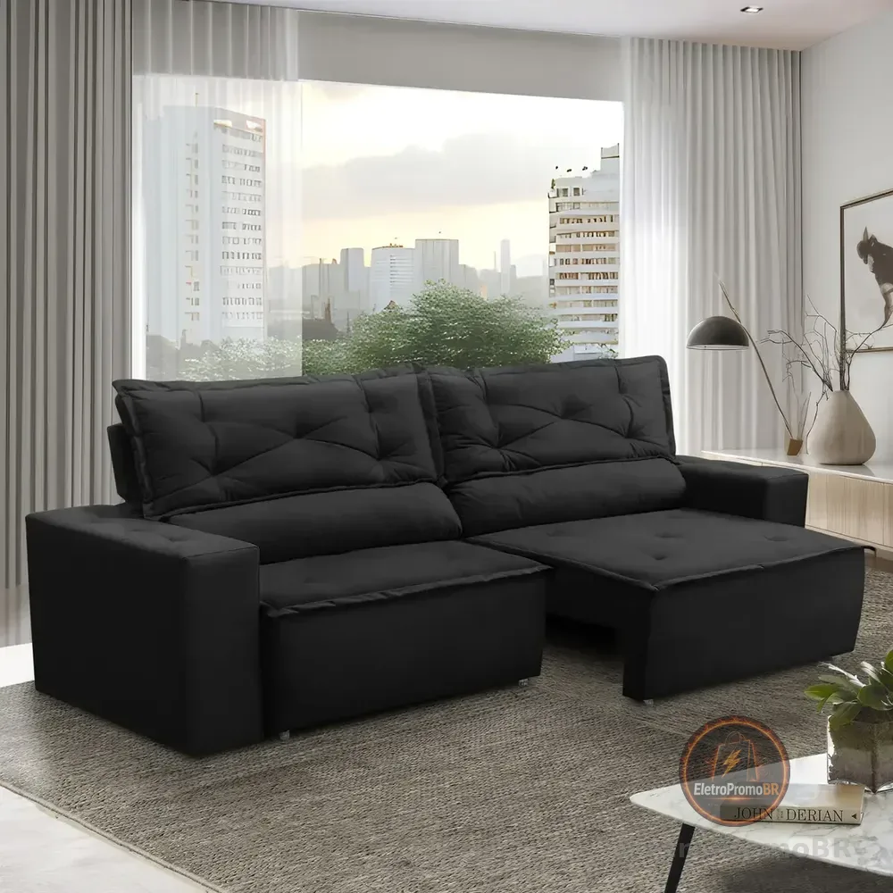 Sofá Retrátil E Reclinável Com Molas 1,80m Livia Suede Preto