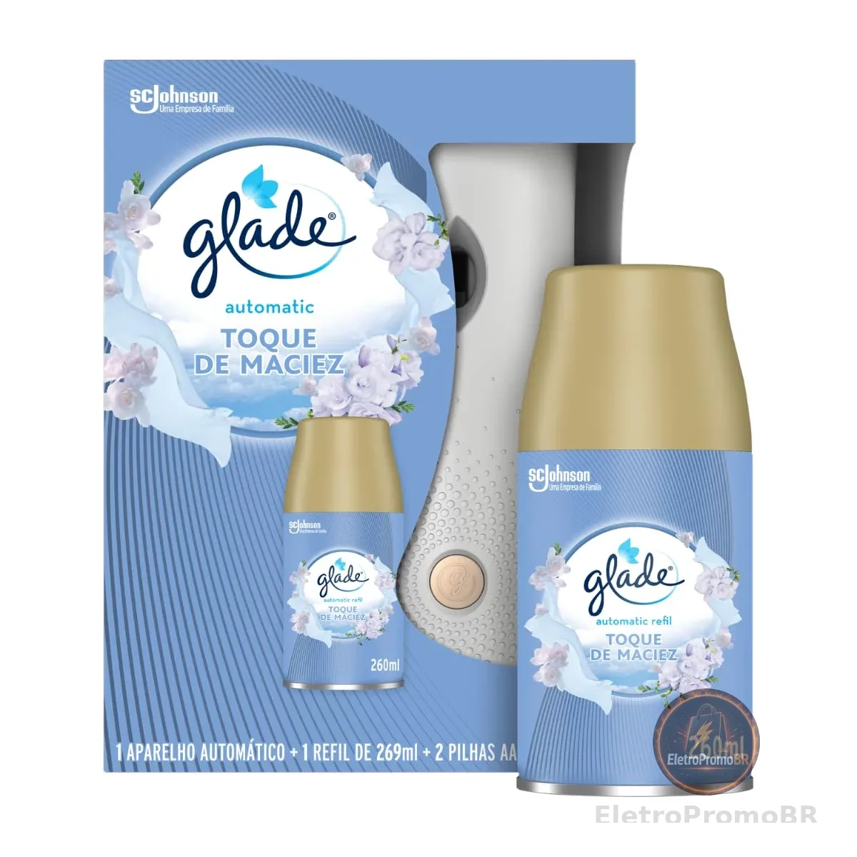 Glade Aromatizador de Ambiente Automático, Toque de Maciez, Kit Aparelho e Refil 260ml