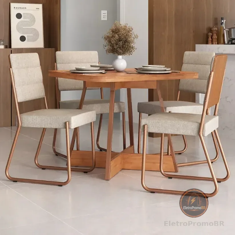 Conjunto Sala Jantar 4 Cadeiras Charlotte Carraro Nogal Rose Liso