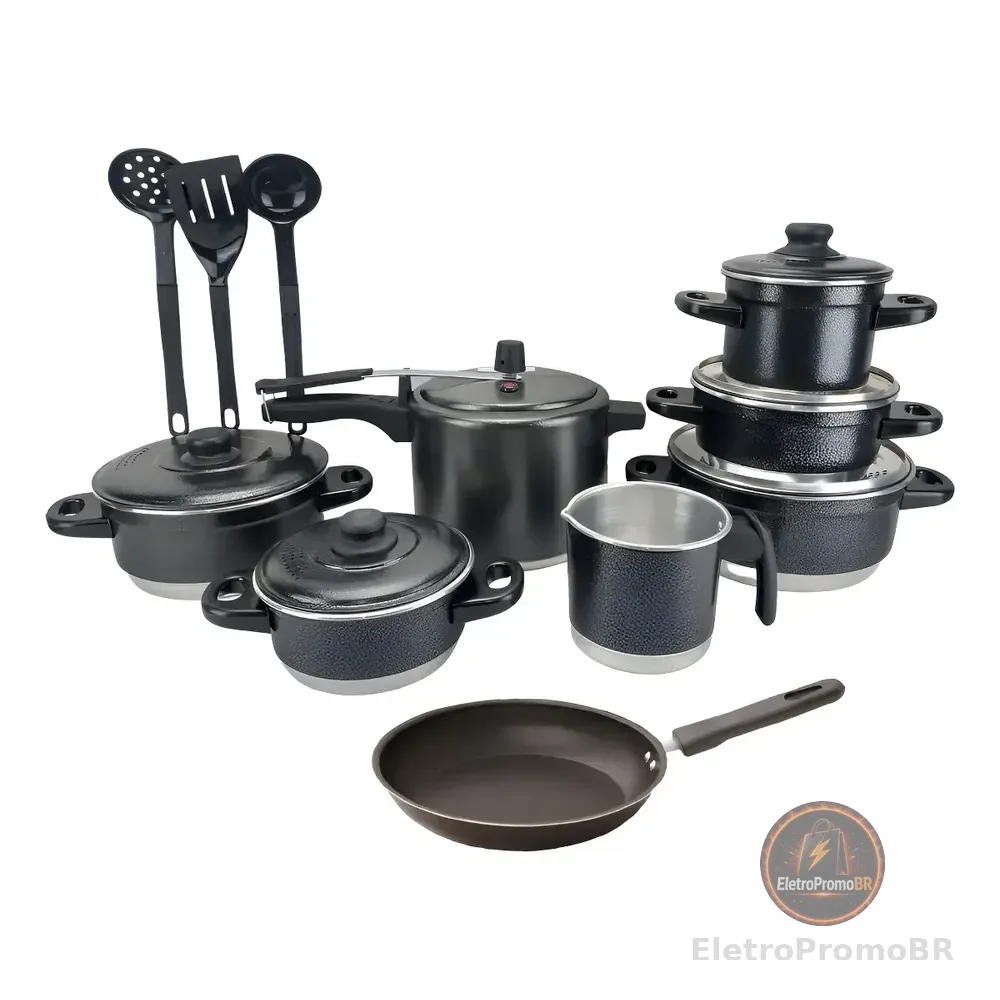 Jogo De Panelas Extra Forte Luxo 12 Peças Com Panela De Pressão E Frigideira Antiaderente Preto Craqueado