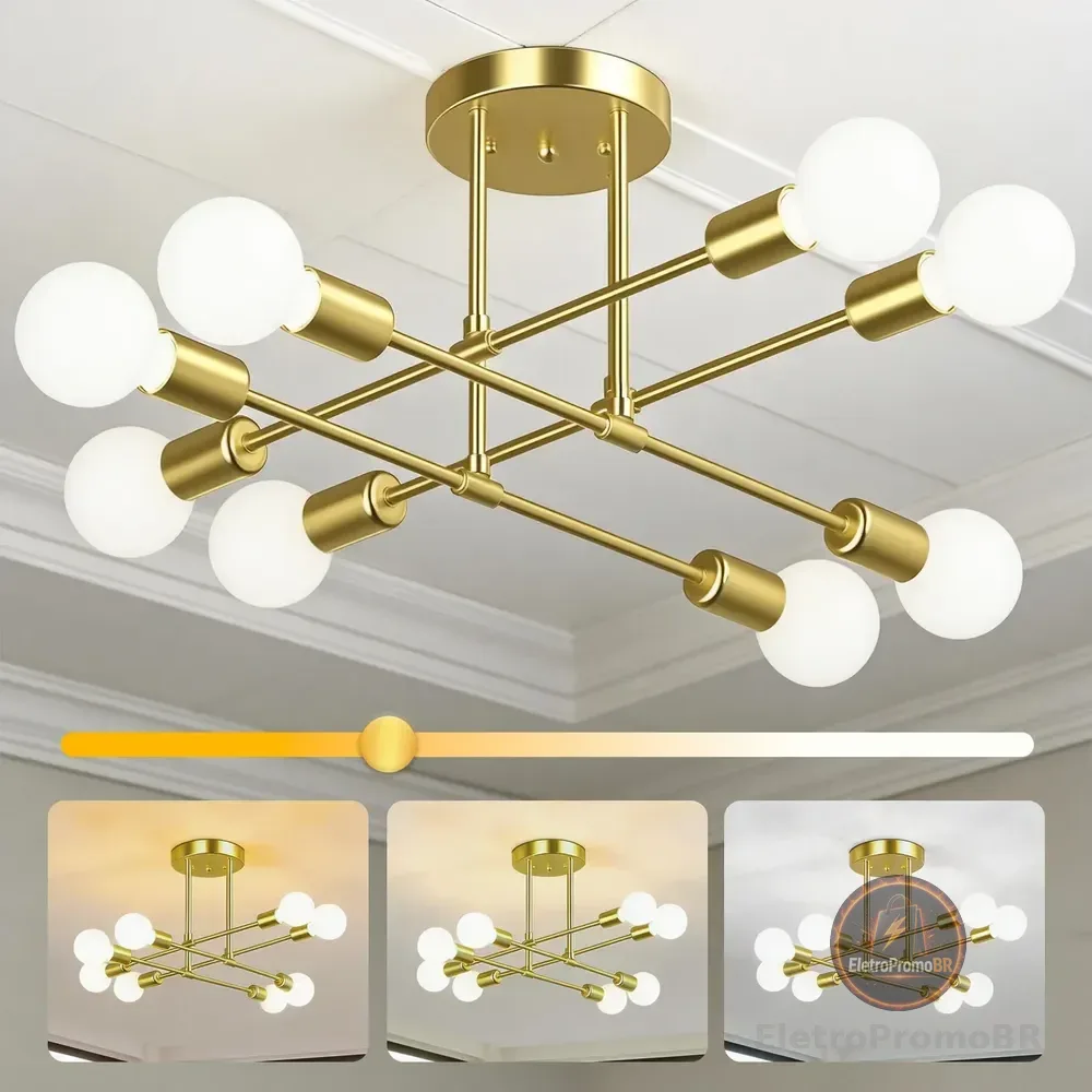 Lustre Pendente 8 Lâmpadas Led Para Sala, Quarto E Cozinha 127/220v Dourado