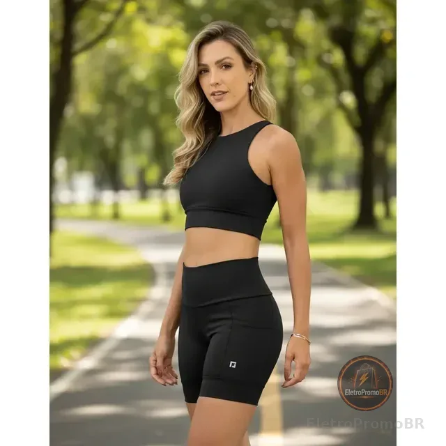 Conjunto Corrida Shorts Com Bolsos + Top Cropped Blackout