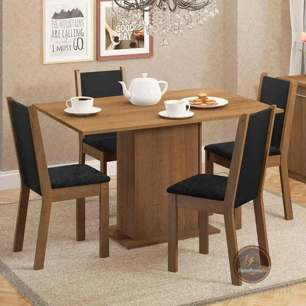 Sala De Jantar Madesa Talita Mesa Tampo Madeira 4 Cadeiras Cor Rustic/preto/oxford Desenho Do Tecido Das Cadeiras Liso