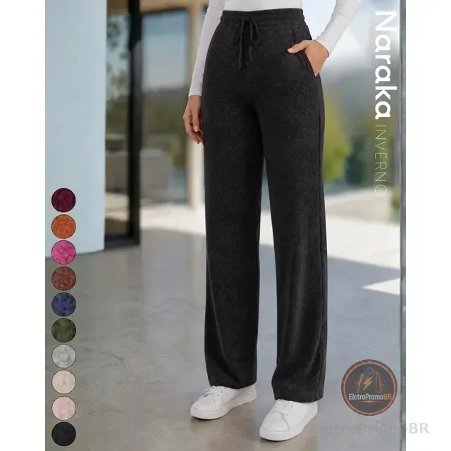 Calça Pantalona Feminina Lanzinha Cintura Alta Com Bolso