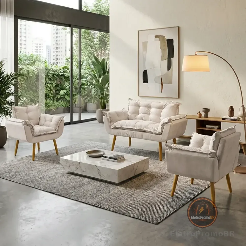 Kit Namoradeira E 2 Poltronas Alice Decorativas Para Sala Recepção Consultório Escritório Manicure Suede Bege Suede Liso