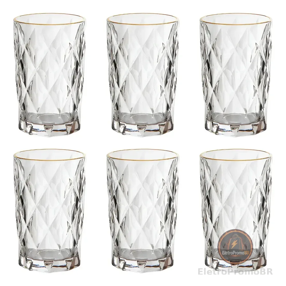 Jogo 6 Copos Altos Vidro 350ml Diamond Clear Borda Dourada Ke Home Transparente Com Borda Dourada