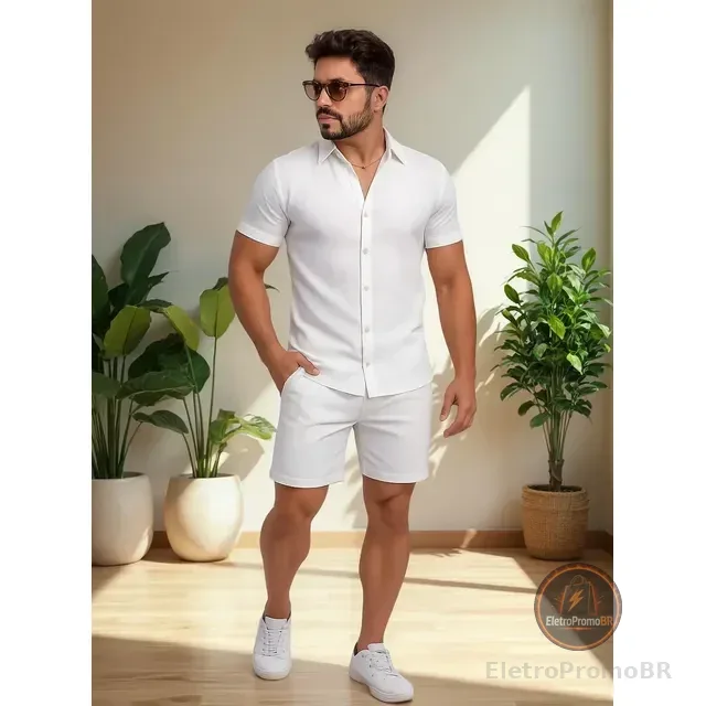 Conjunto Masculino Camisa Estampada +  Shorts Moda Praia