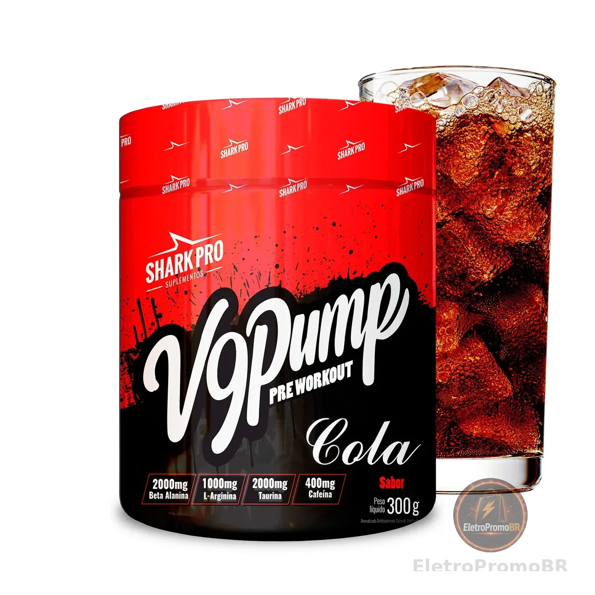 Shark Pro V9 Pump Pré-Treino Sabor Cola - 400mg de Cafeína - Suplemento Alimentar de Beta Alanina, Arginina, Taurina e Cafeína - 300g
