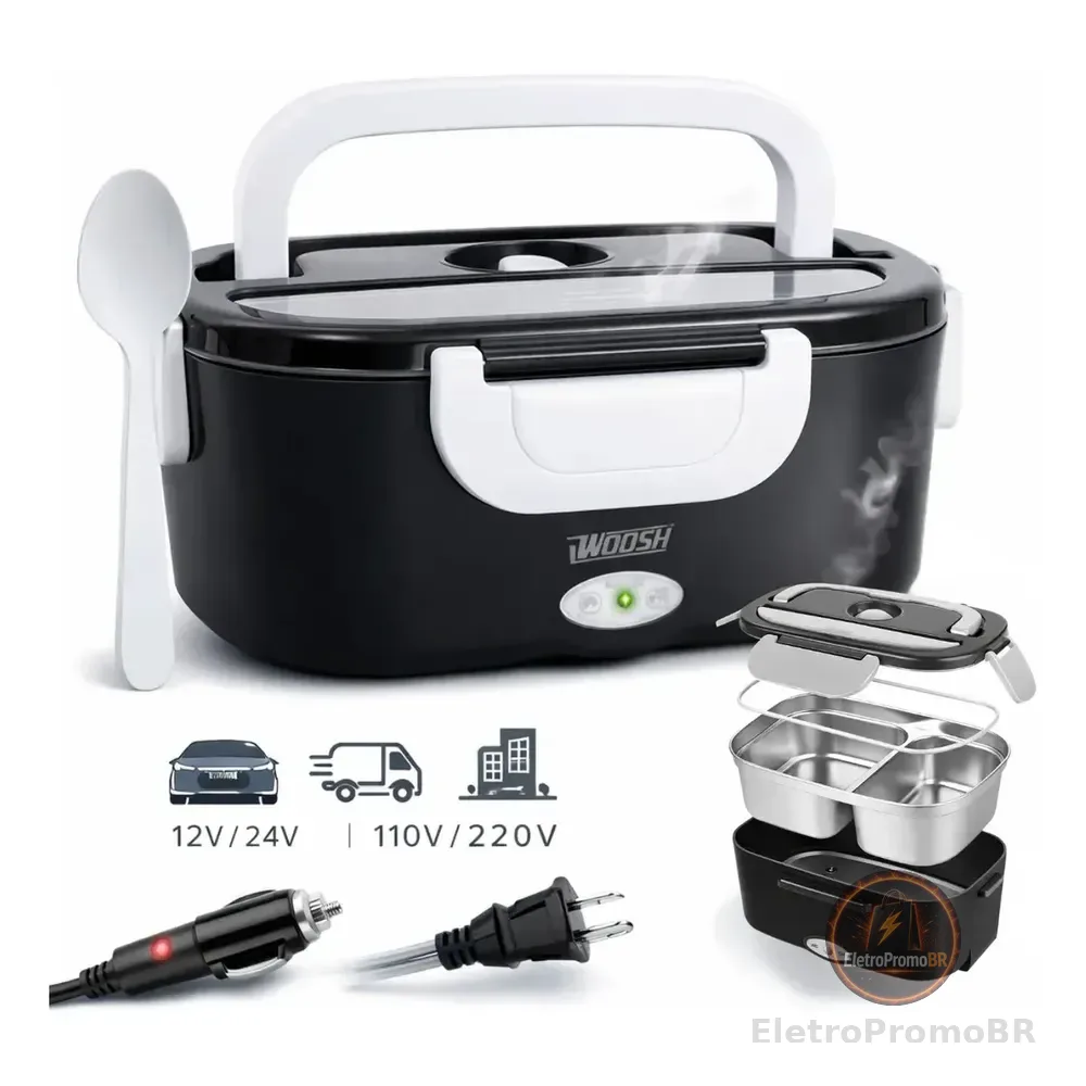 Marmita Elétrica Woosh 1.5 L Preta Bivolt Para Casa E Carro Preto 127/220v