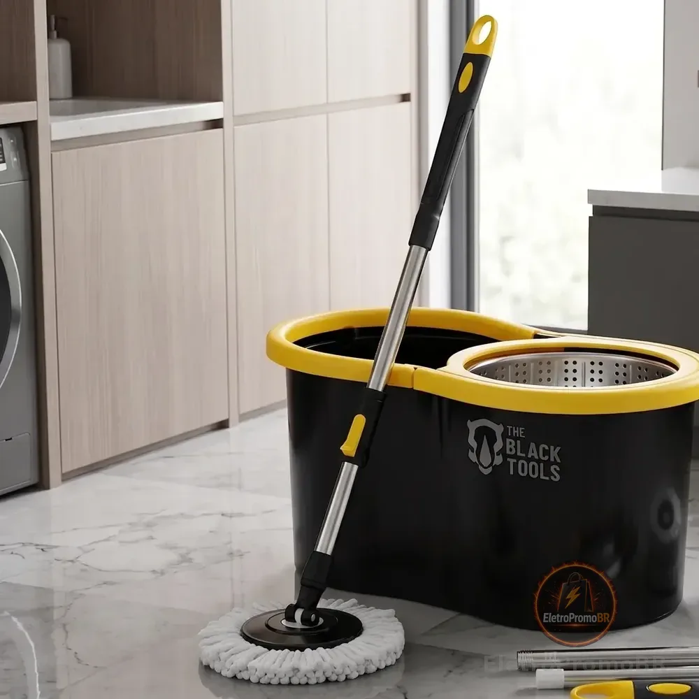 Mop Giratório 360° Balde Inox 8 Litros Centrífuga C/ 2 Refis Preto E Amarelo