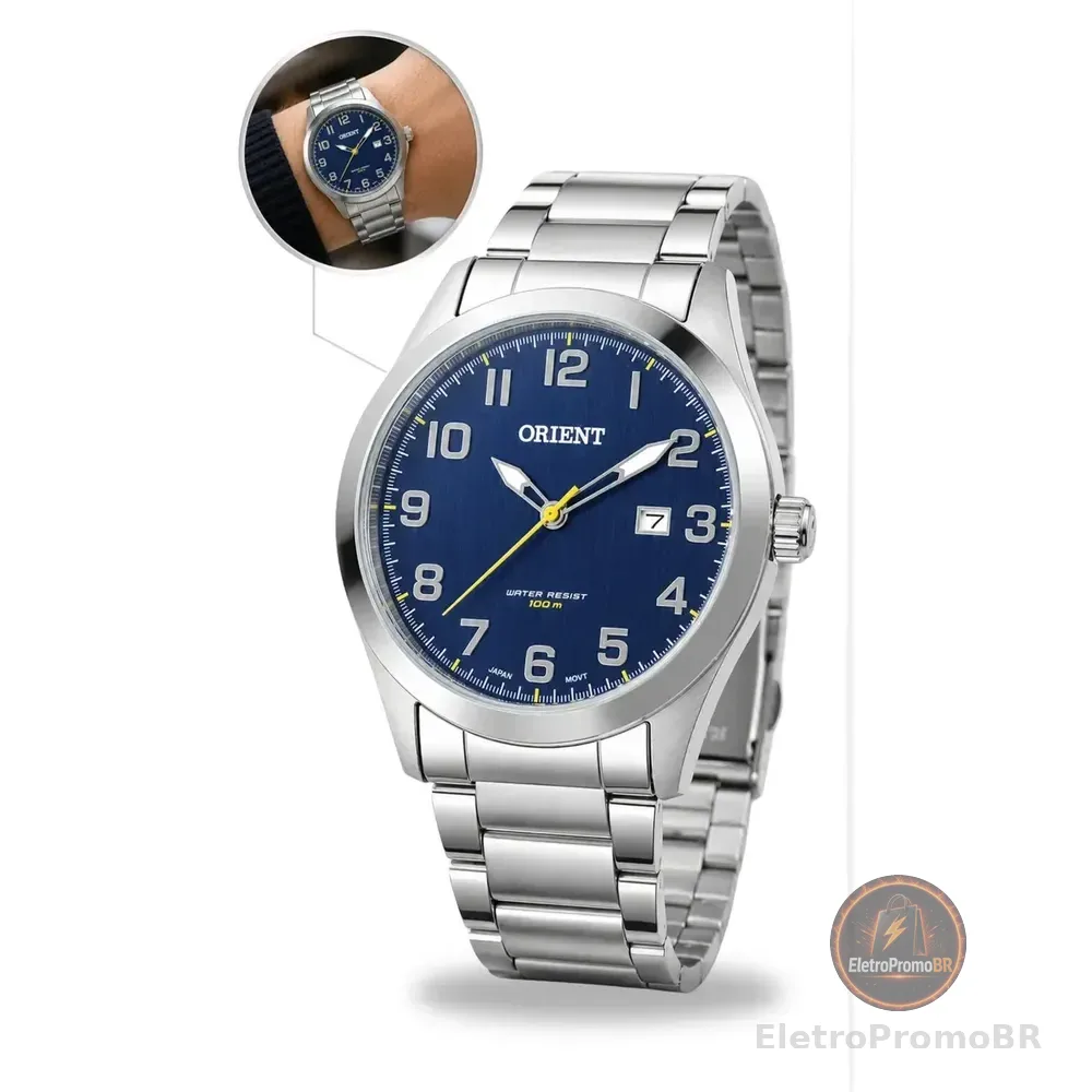 Relogio Orient Masculino Prata Fundo Azul Mbss1360 D2sx Prateado
