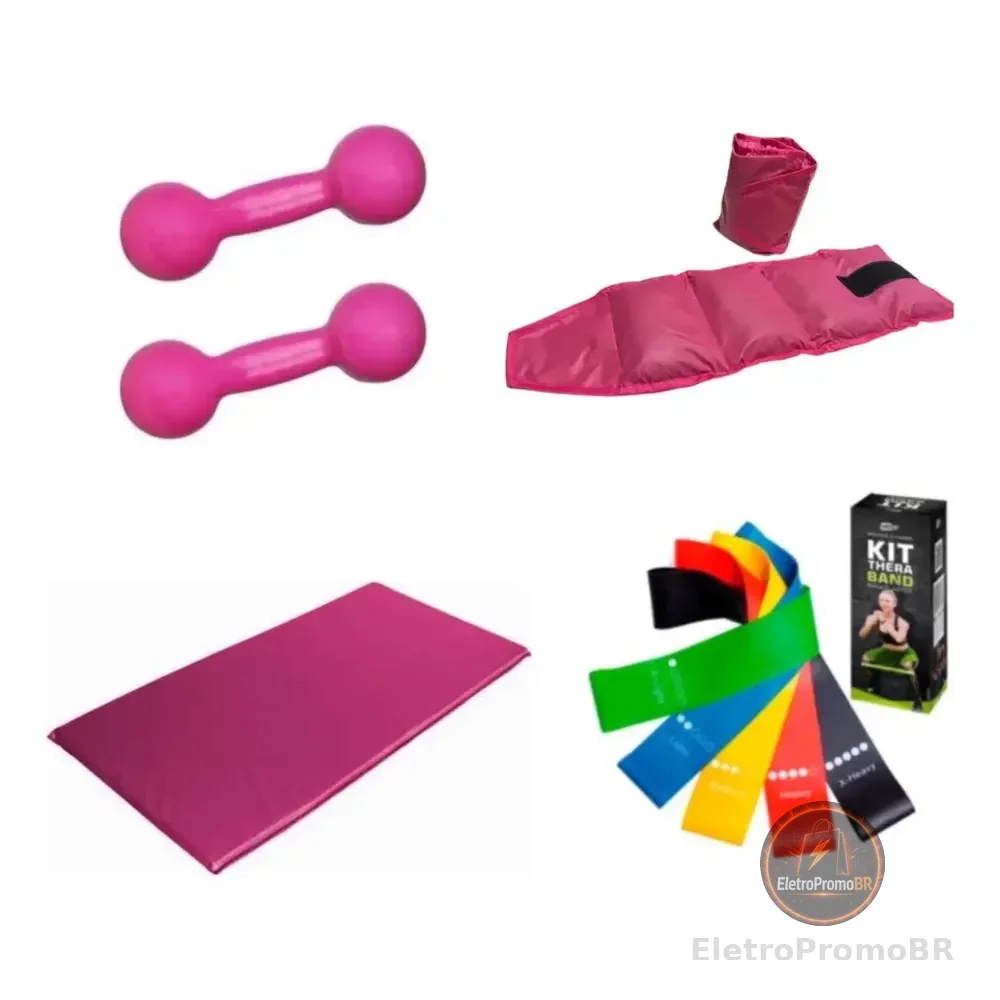Par Peso Halter 1 Kg+ Caneleira 1 Kg+ Colchonete+ Kit Band Rosa