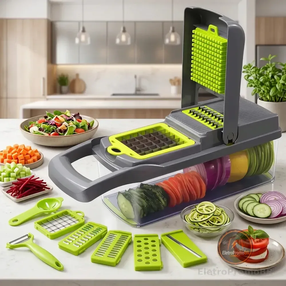 Cortador Fatiador Ralador De Legumes Multifuncional 16 Em 1 Mandolin Julienne Picador Triturador De Verduras Frutas Com Lâminas Inox Recipiente Coletor Manual Cozinha - Honey Play Box Verde/preto