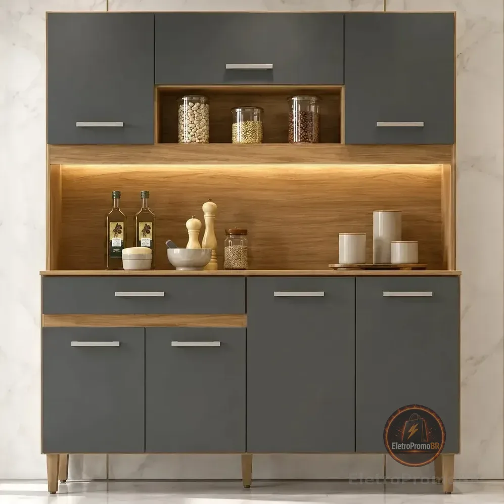 Kit Armário Gabinete Cozinha 7 Portas E 1 Gaveta Organizador Magazine Design Moderno Organizador Cor Freijó Chumbo