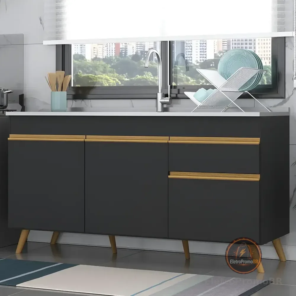 Balcão Armário Cozinha Gabinete Para Pia 150cm 3 Portas 1 Gaveta Retrô Veneza Multimóveis Mp2072 Preto