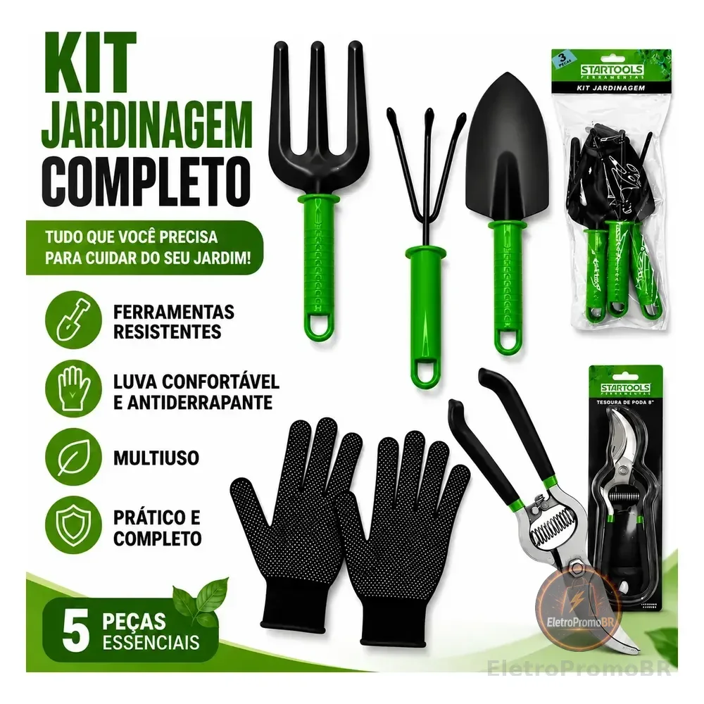 Kit Jogo Jardinagem Jardim Pá Tesoura Poda Luva 5 Peças