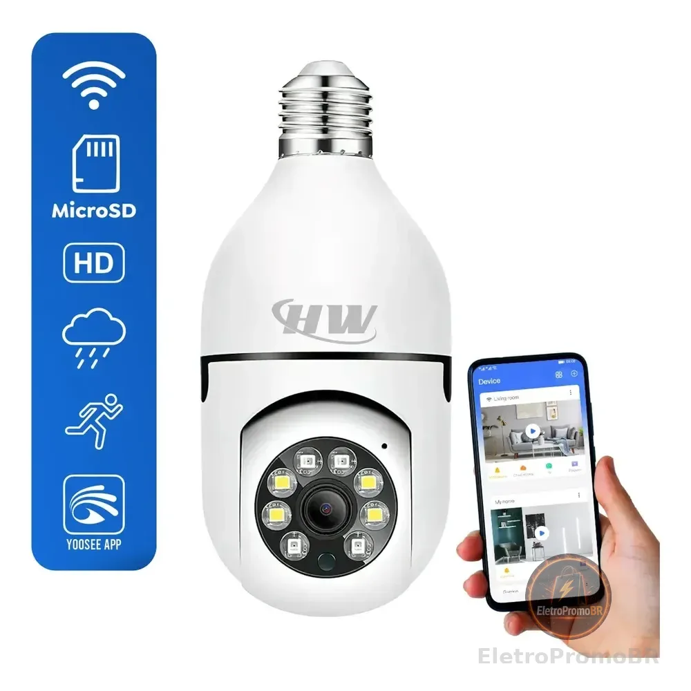 Câmera Ip Segurança Lâmpada Hw Yoosee Panorâmica Wifi1080 Espiã Branca Branco