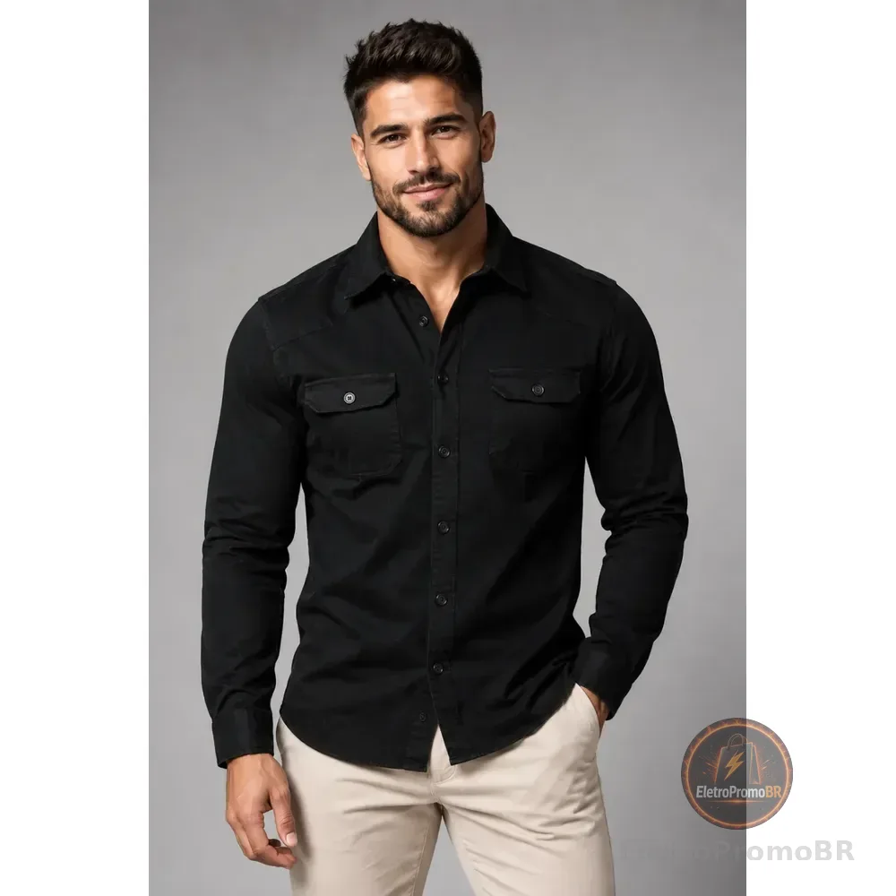 Camisa Jeans Social Masculina Slim Manga Longa Preto 40