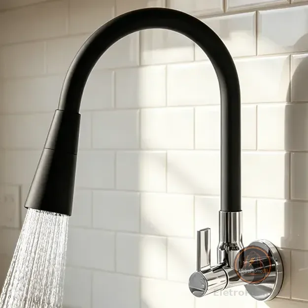 Torneira Cozinha Gourmet Parede - Preta/flexivel/duplo Jato Preto Brilhante