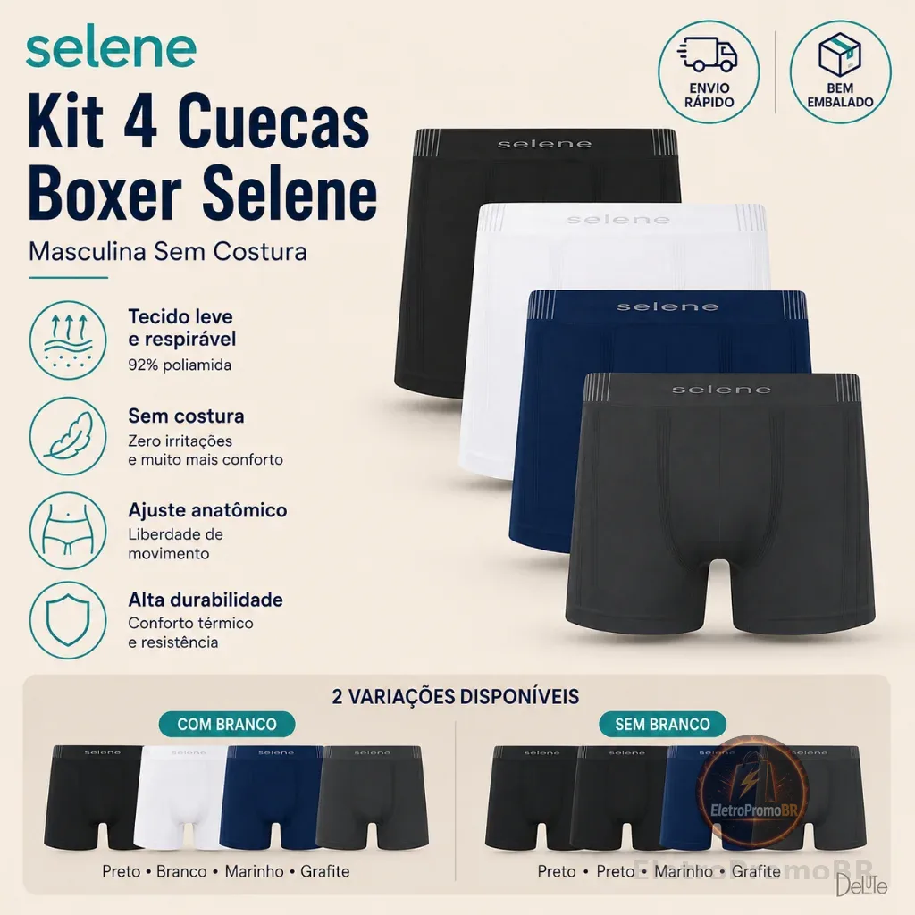 Kit 4 Cuecas Boxer Selene Masculina Sem Costura Poliamida Original Macias Confortáveis Dia a Dia