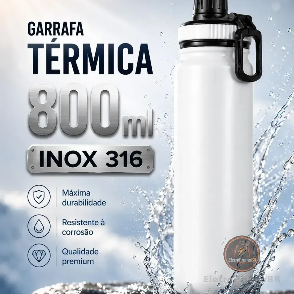 Garrafa Térmica 800ml Água Azarte Inox Academia Com Alça Branca