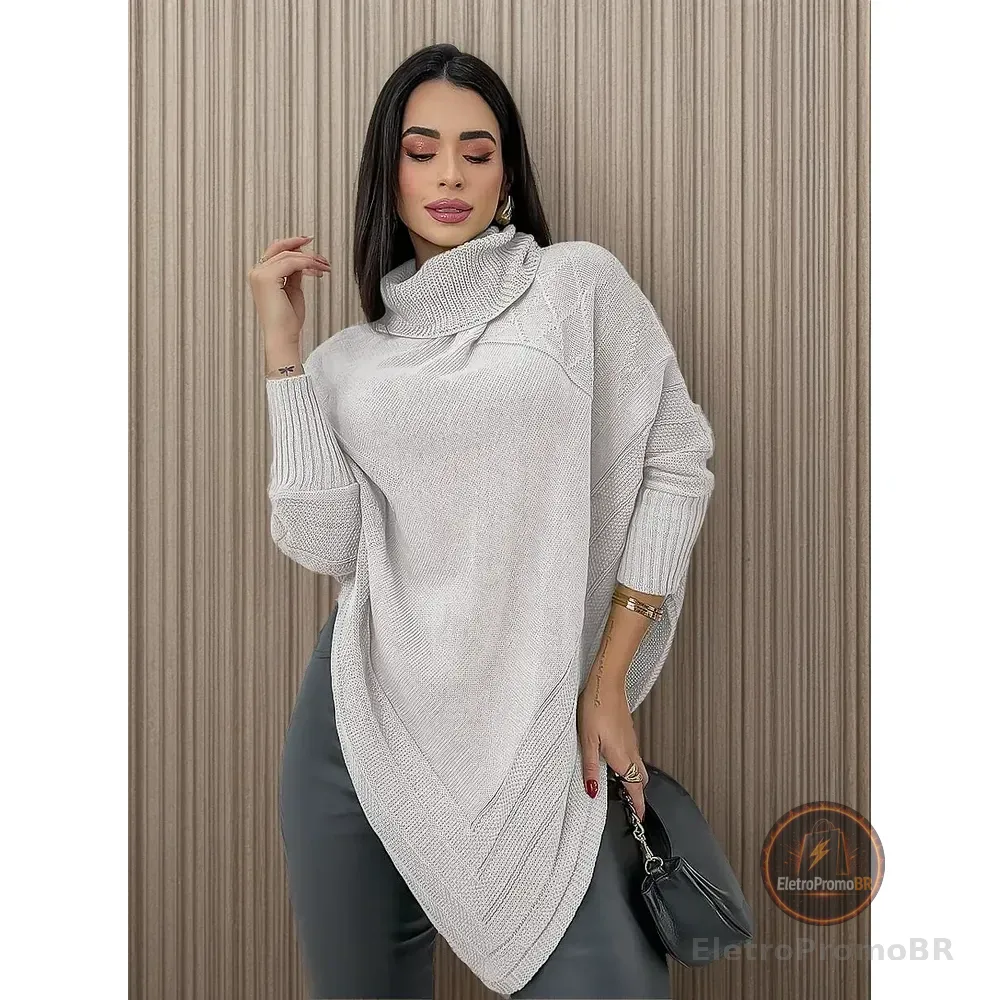 Blusa Poncho Tricot Assimétrico Alongado Manga Longa Suéter Branco Único