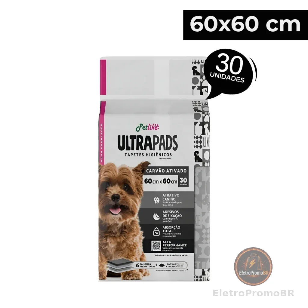 Tapete Higiênico Para Cães Ultra Pads 60x60cm 30 un Carvão Cães e Gatos Petlike Original